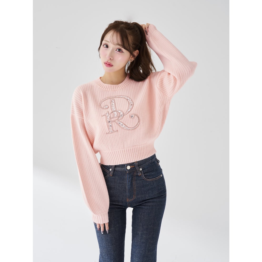 ダーリッチ Darich DRビジューボリュームリブニットトップス （ピンク