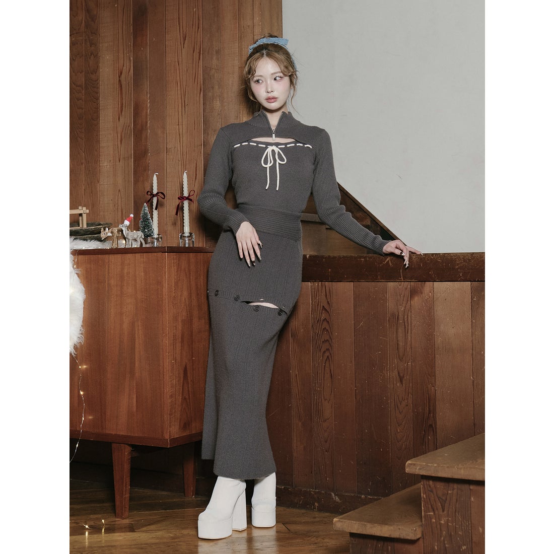 ダーリッチ Darich ステッチリボンオープンニットトップス （グレー