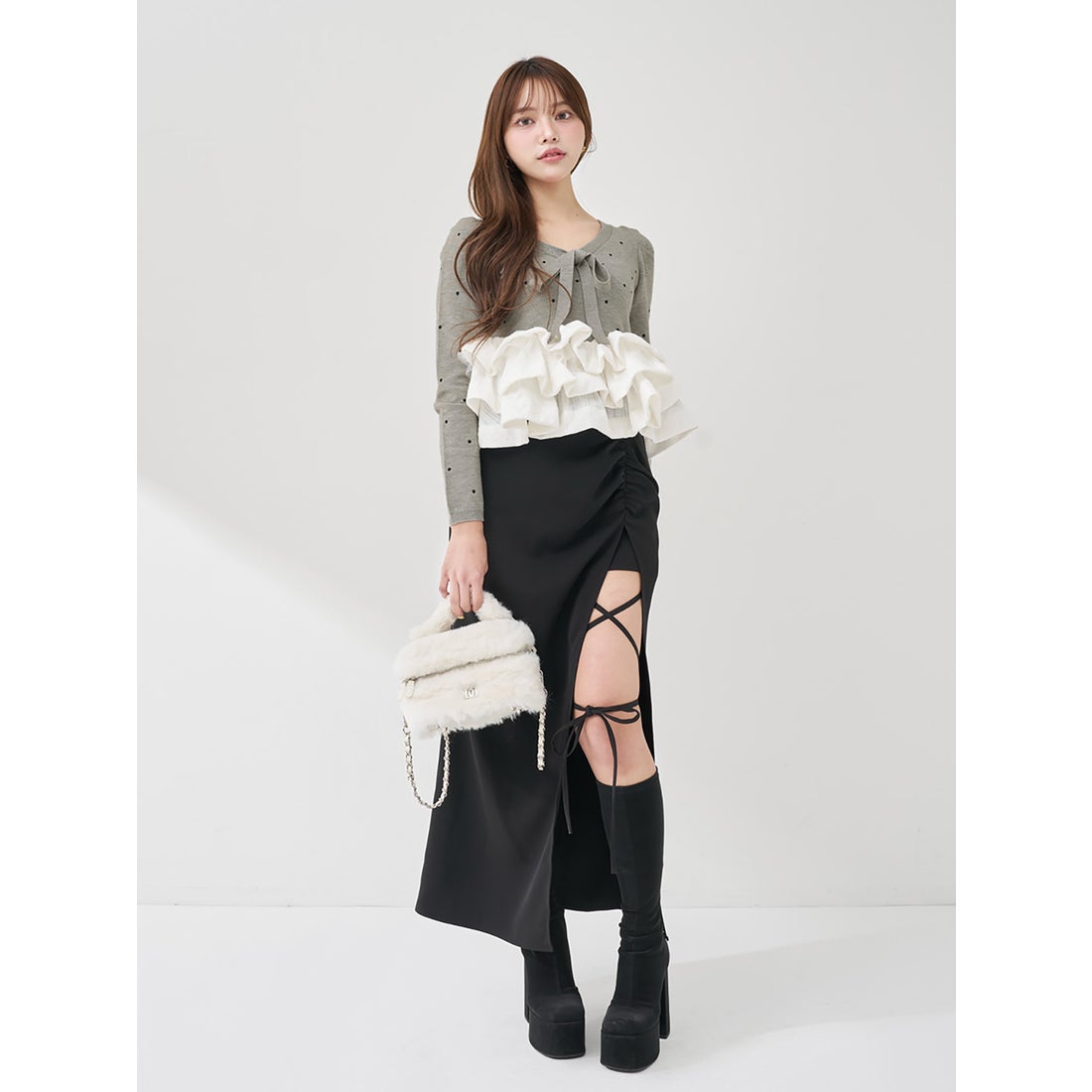 ダーリッチ Darich ボリュームフレアニットチュニック （グレー