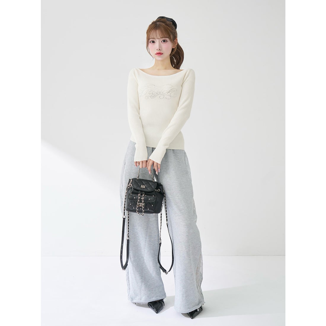 ダーリッチ Darich ビジューロゴボートネックニットトップス