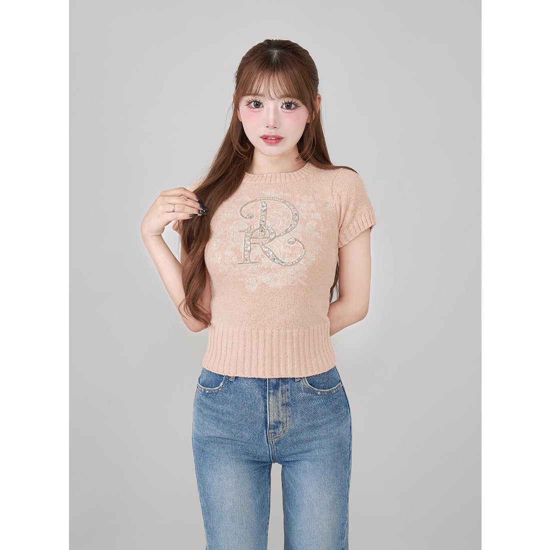ダーリッチ Darich DRビジューフラワーニットトップス （ピンク