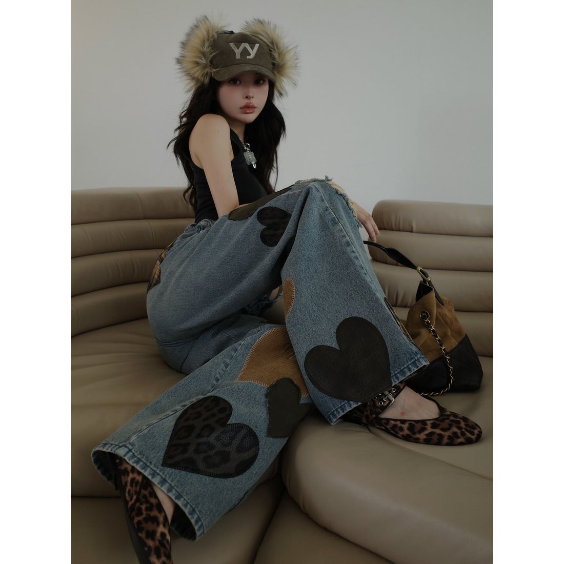 ダーリッチ Darich ランダムハートパッチワークデニムパンツ （ブルー