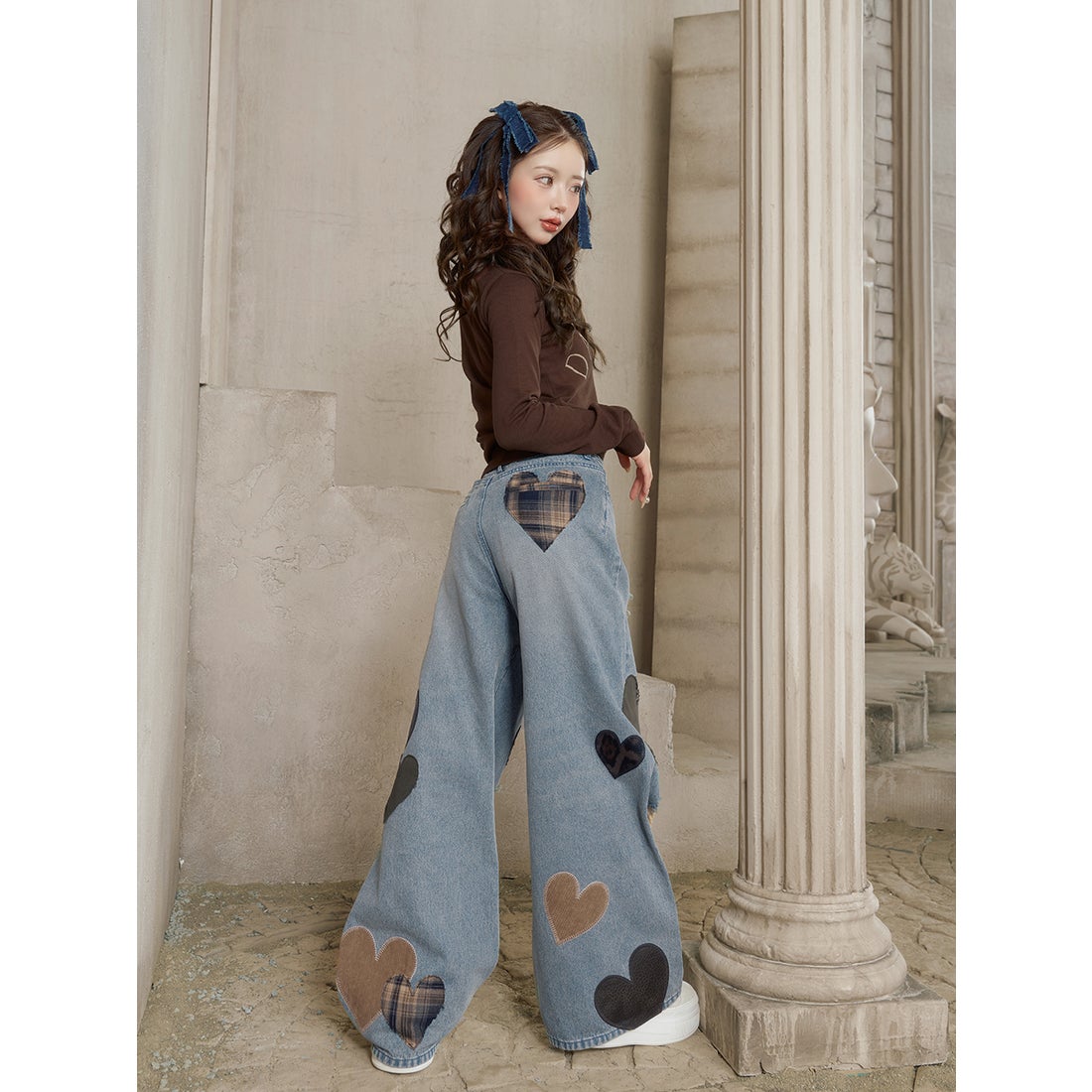 ダーリッチ Darich ランダムハートパッチワークデニムパンツ （ブルー