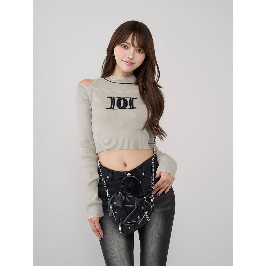 ダーリッチ Darich レイヤードライクロゴニットトップス （グレー