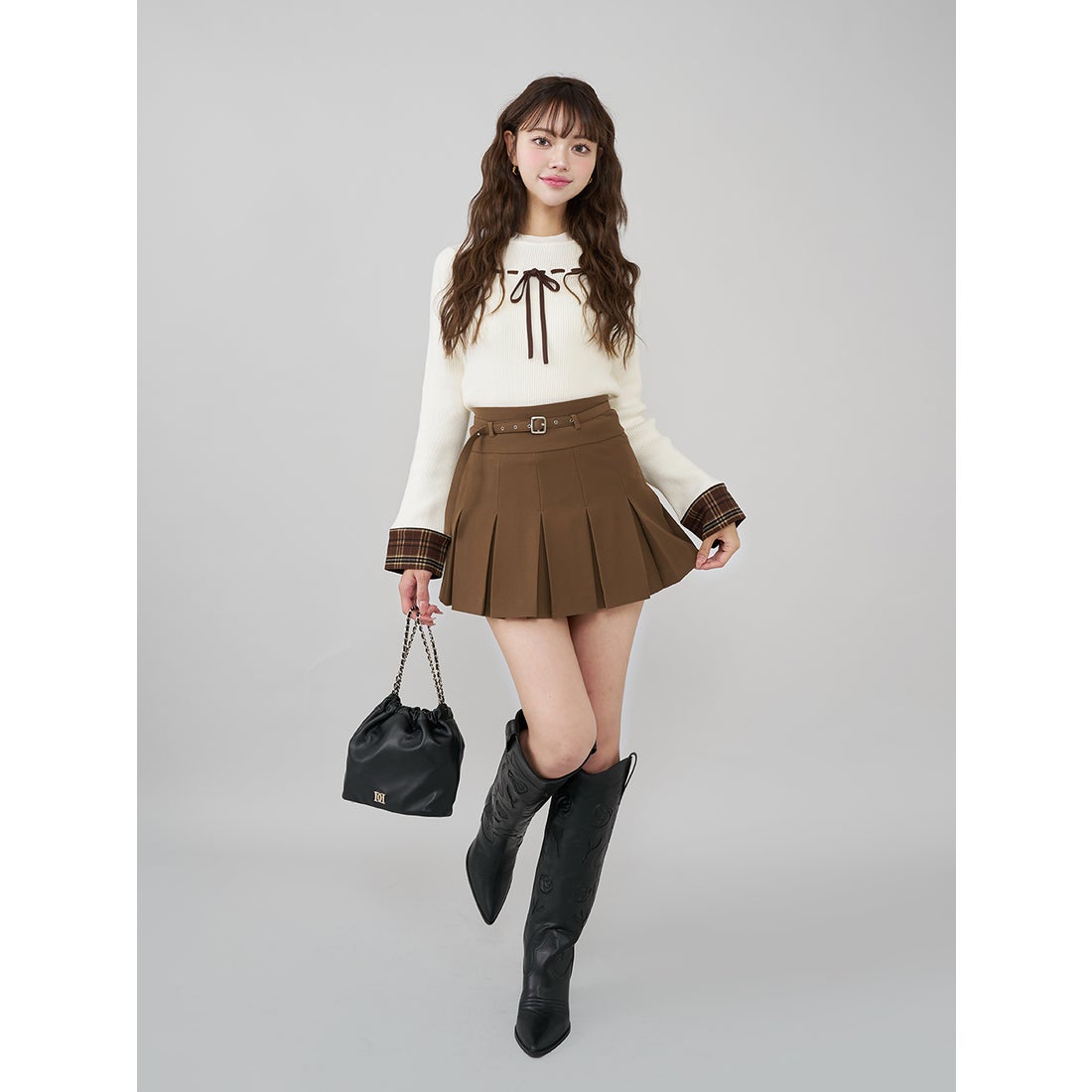 ダーリッチ Darich チェックカフスリボンニットトップス （アイボリー