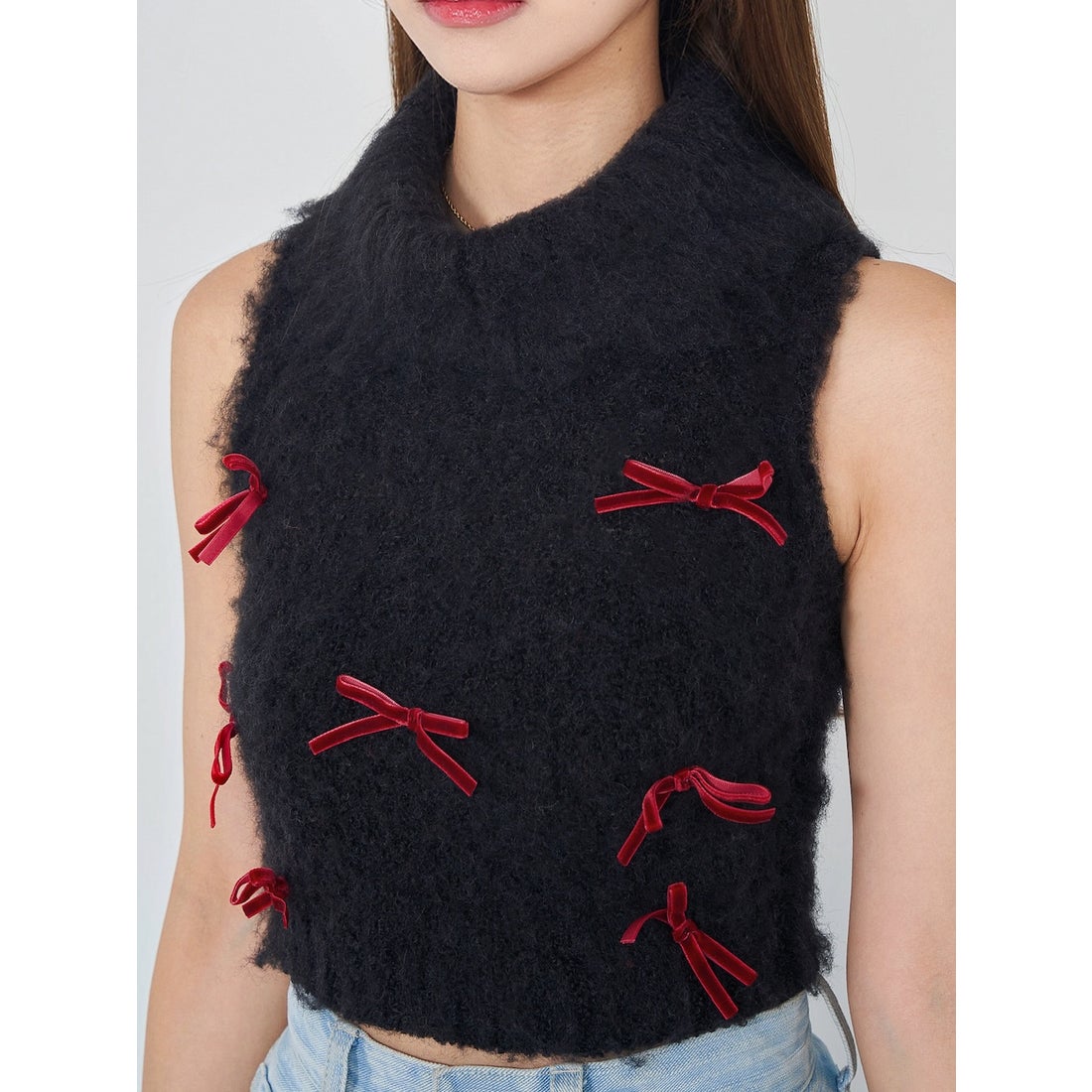 ダーリッチ Darich リボンデザインニットトップス （ブラック） -靴