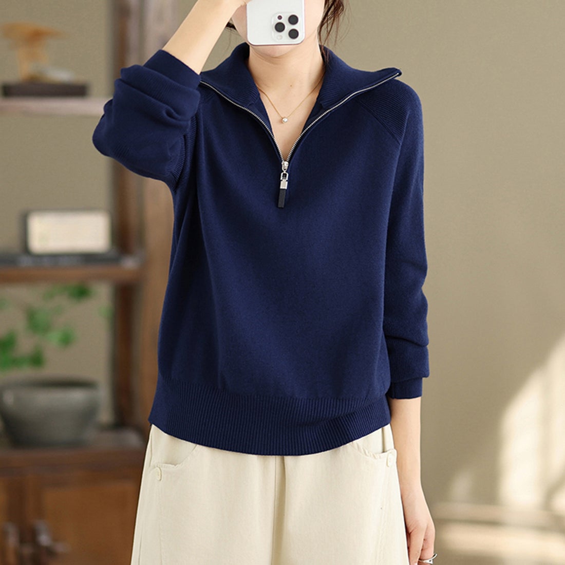 ドゥー ベル Doux Belle ハーフジップリブニットトップス レディース