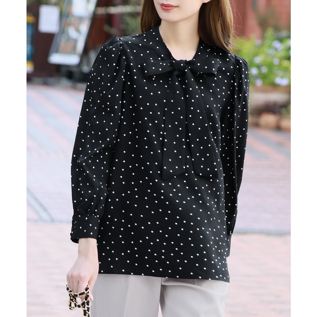 フロリア Flolia ドット柄ボウタイブラウス オフィス ビジネス