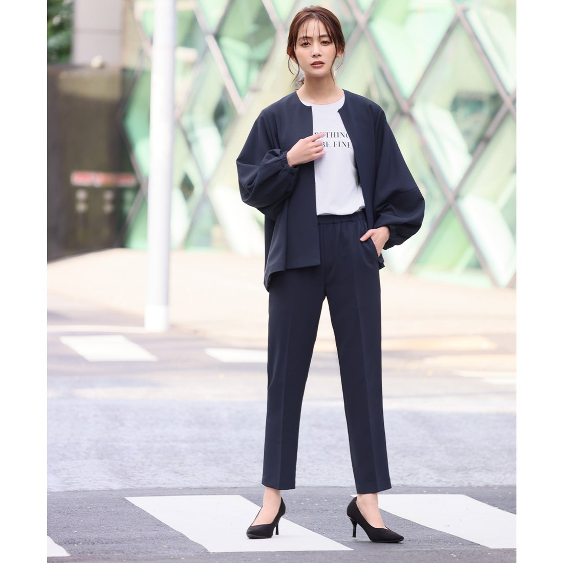 フロリア Flolia ランタンスリーブノーカラージャケット テーパード