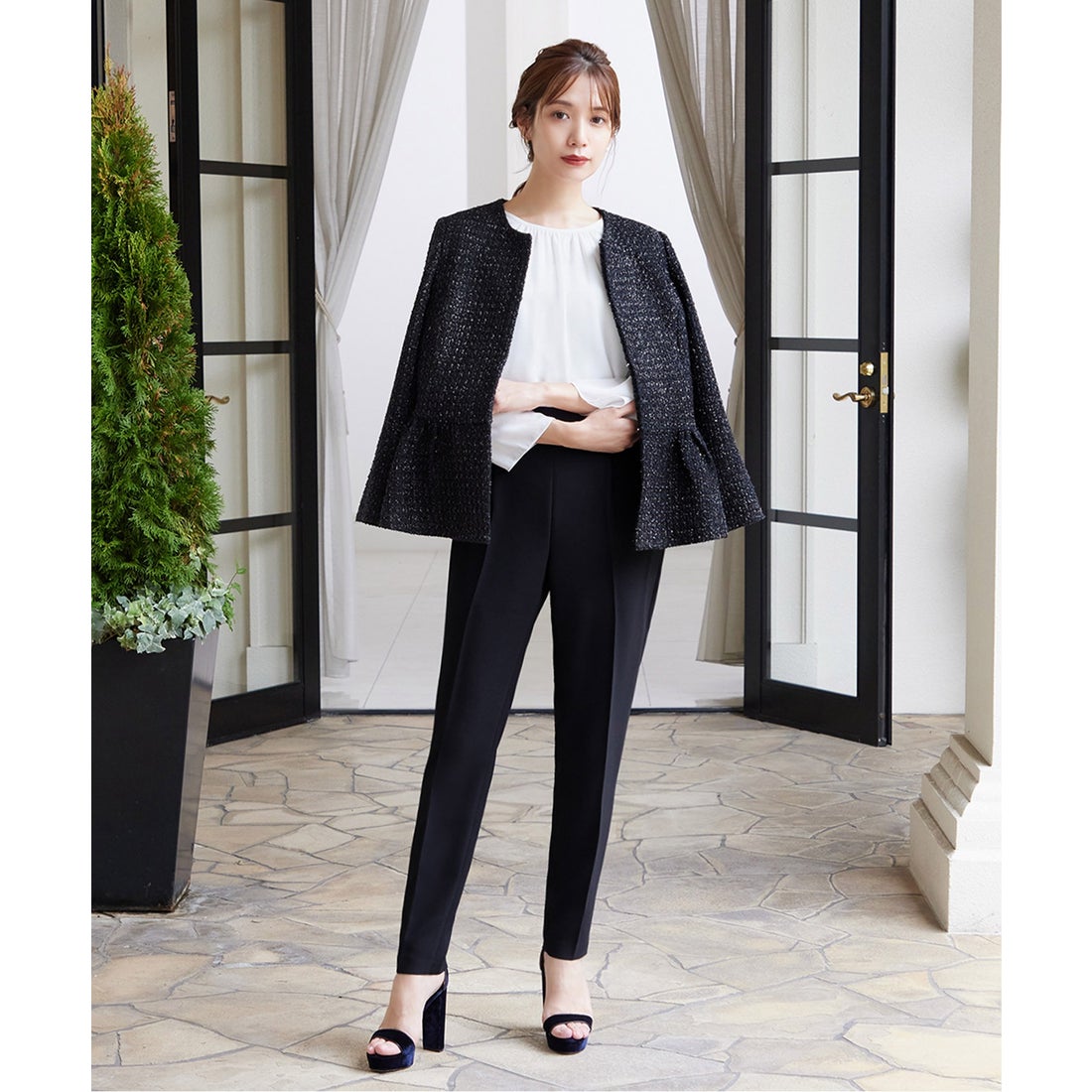 フロリア Flolia 【3点セット】ツイードノーカラージャケット ブラウス