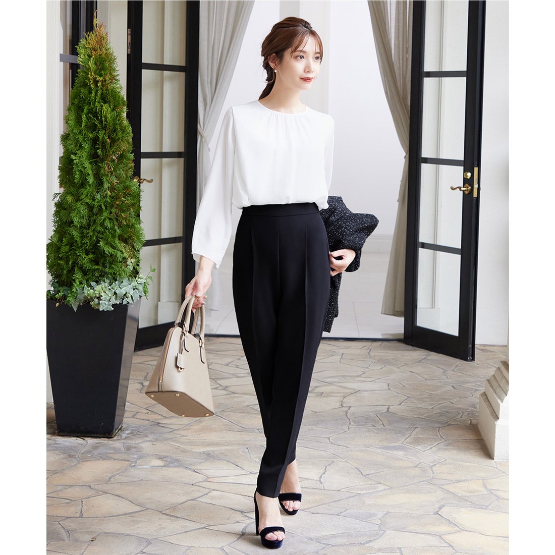 フロリア Flolia 【3点セット】ツイードノーカラージャケット ブラウス