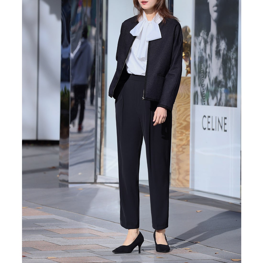 フロリア Flolia バイカラーラインノーカラージャケット テーパード