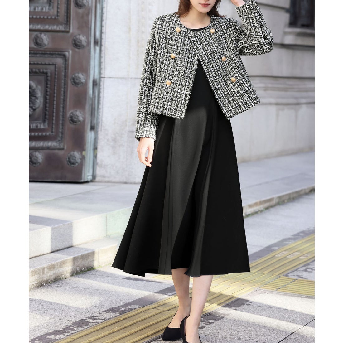 フロリア Flolia ツイードノーカラーダブルジャケット フレア