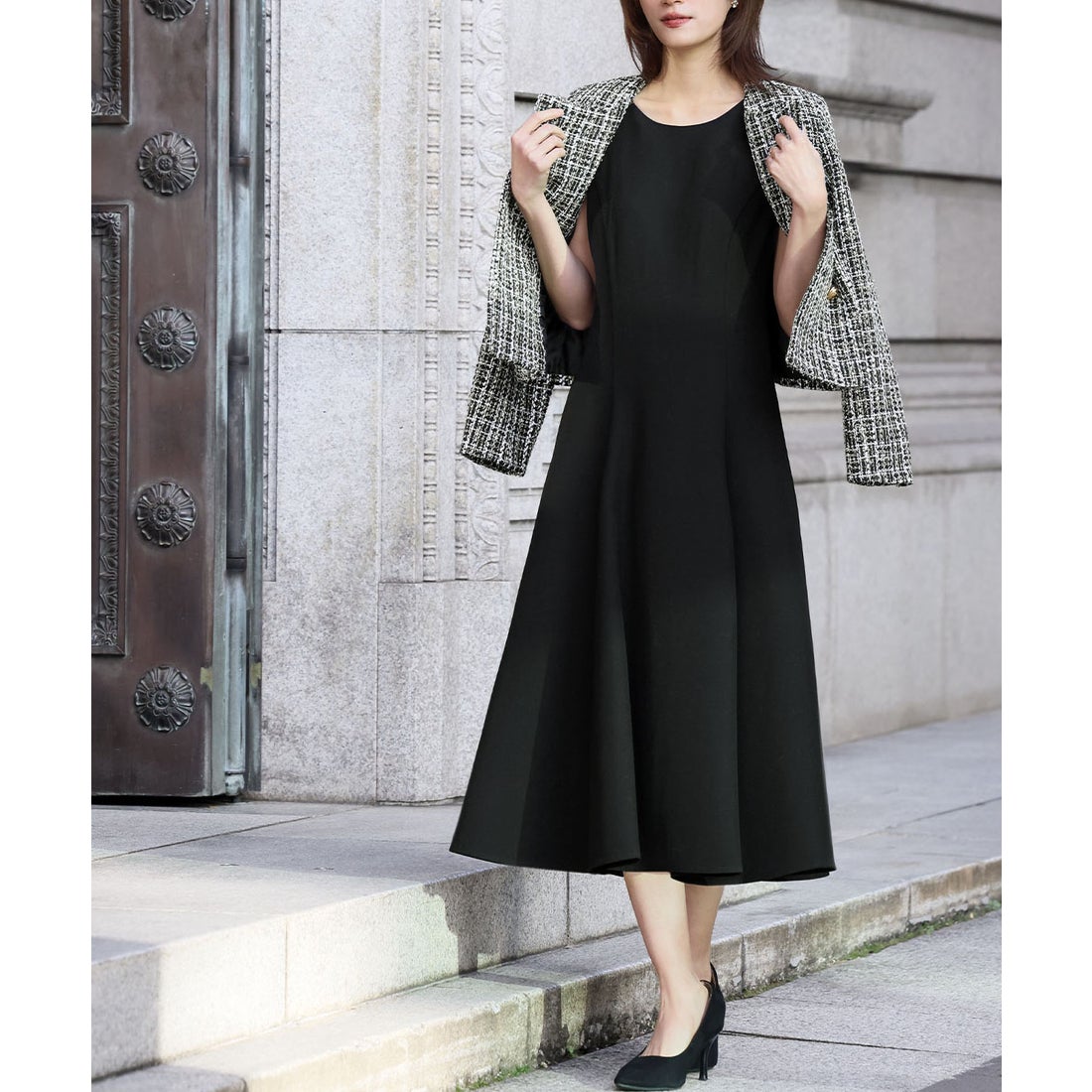 フロリア Flolia ツイードノーカラーダブルジャケット フレア