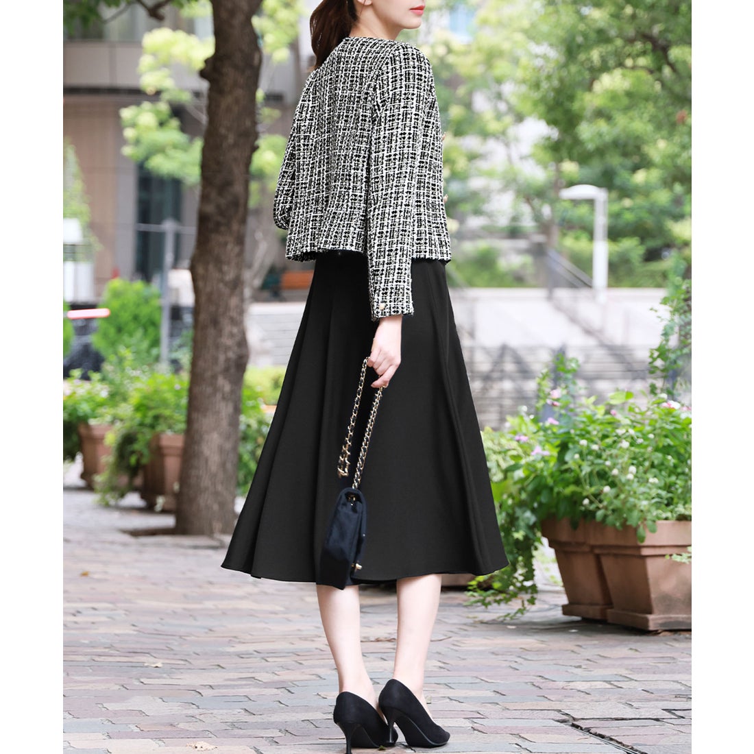 フロリア Flolia ツイードノーカラーダブルジャケット フレア