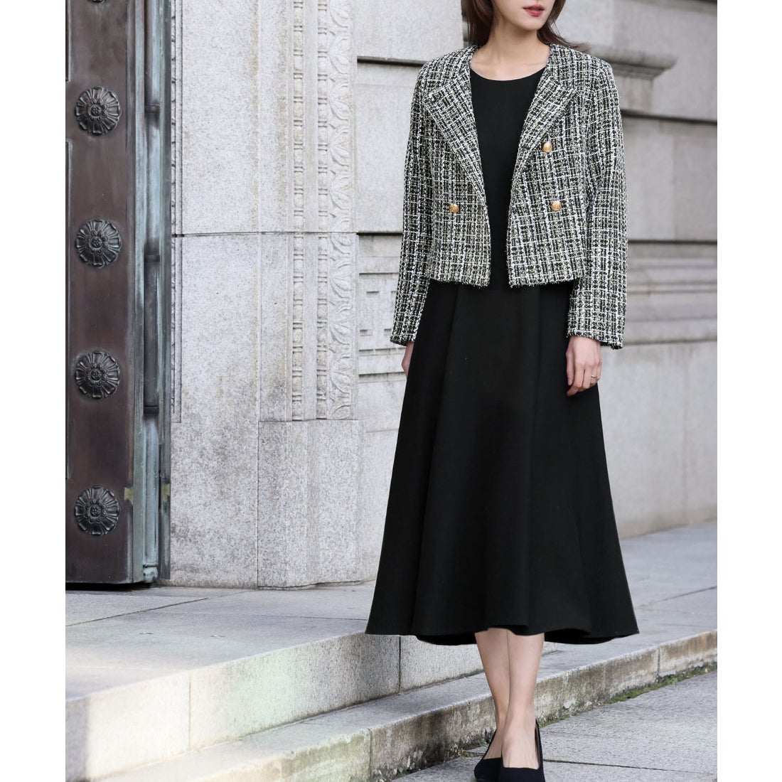 フロリア Flolia ツイードノーカラーダブルジャケット フレア