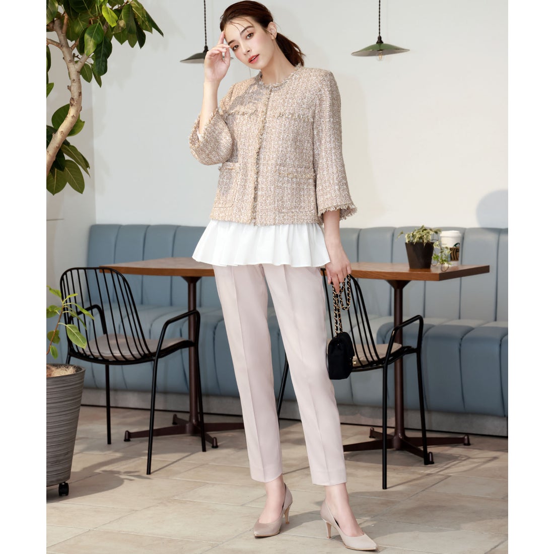 フロリア Flolia 【3点セット】ツイードノーカラージャケット ペプラム