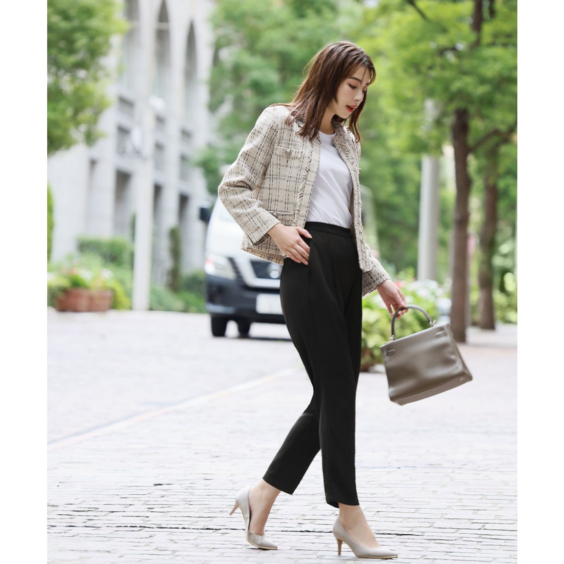 フロリア Flolia チェック柄ツイードノーカラージャケット テーパード