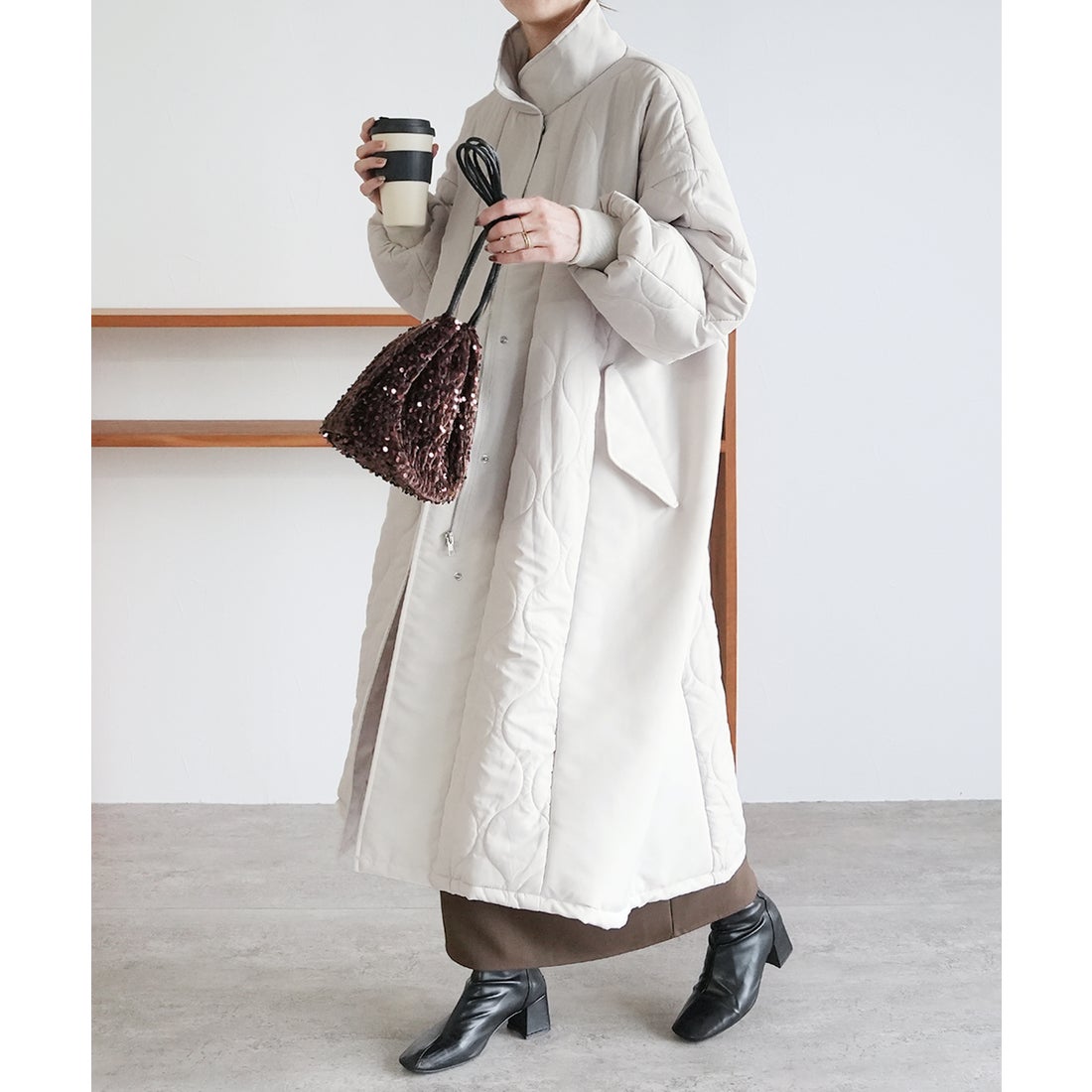 レカ reca キルト切替スタンドネックロングコート（y8128