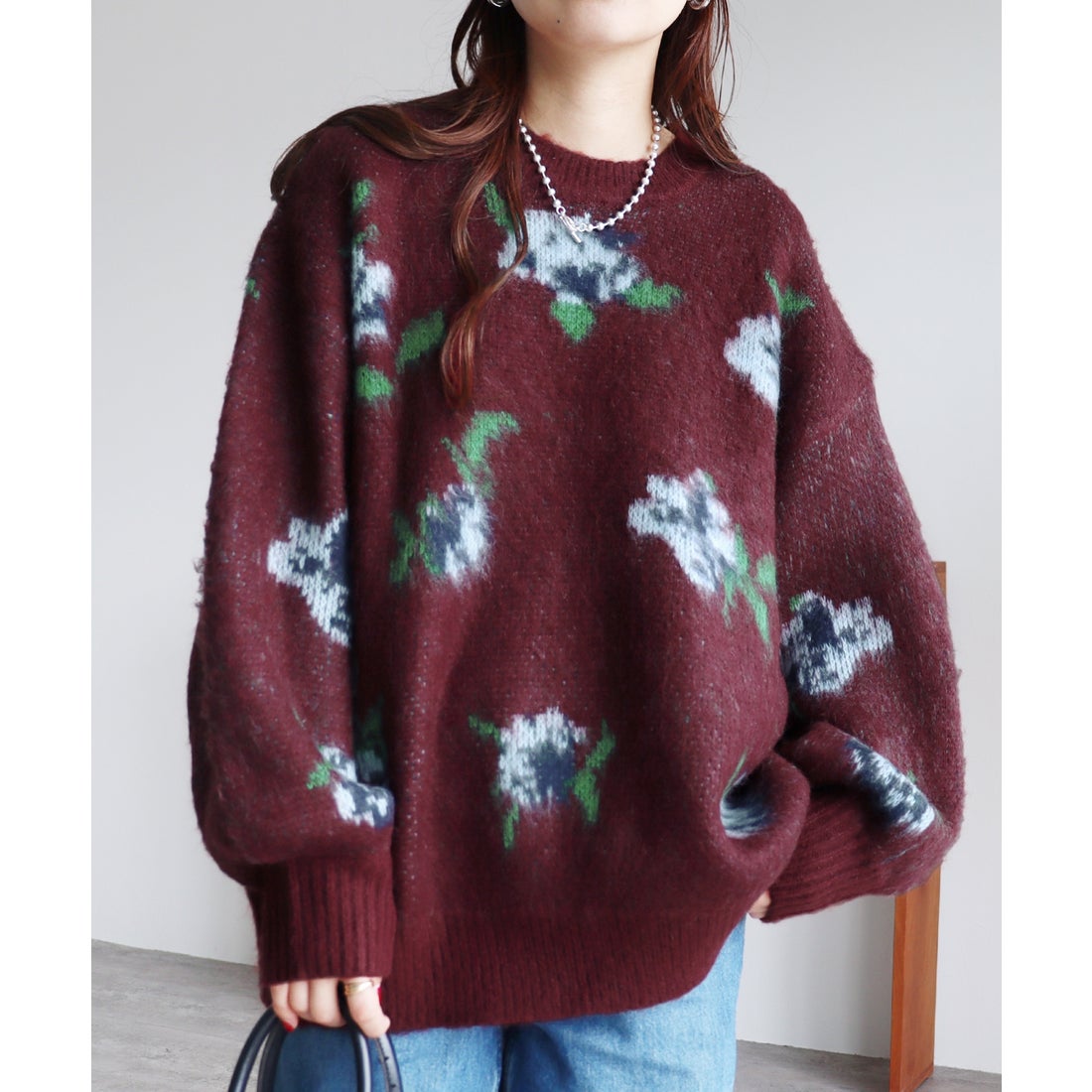 レカ reca レトロ花柄ジャガードニット（y1067） （ボルドー） -靴