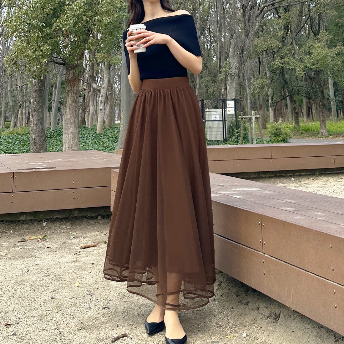 ルエレ Louere Louere 裾パイピングチュールフレアスカート （ブラウン