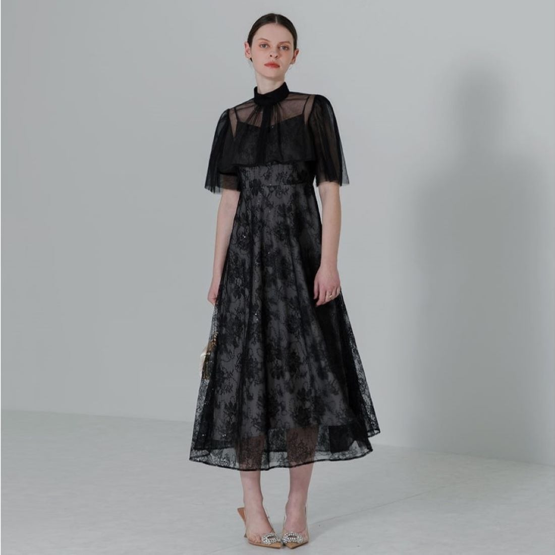 レジャ Leja ケープスパンコール刺繍花柄総レースチュールボレロ付き