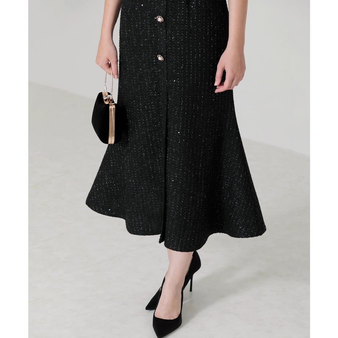 レジャ Leja ラメ混ツイードレザーパイピングパール釦スパンコール