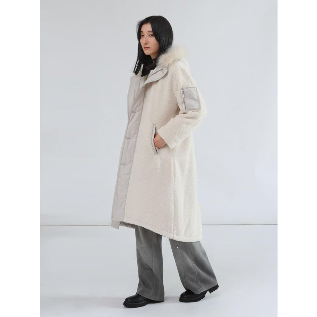 ラシュッド LASUD ファーフーデッドボアコート （アイボリー） -靴