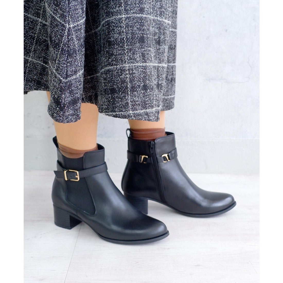 本革】 ベルト付き2WAYサイドゴアブーツ 21537 （ブラック） -モード