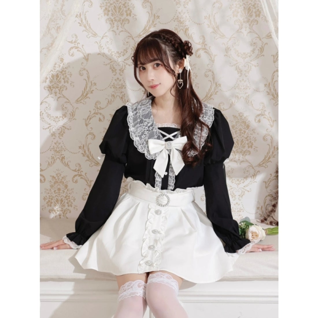 ノエミー NOEMIE レース配色姫スリーブブラウス （黒） -ファッション