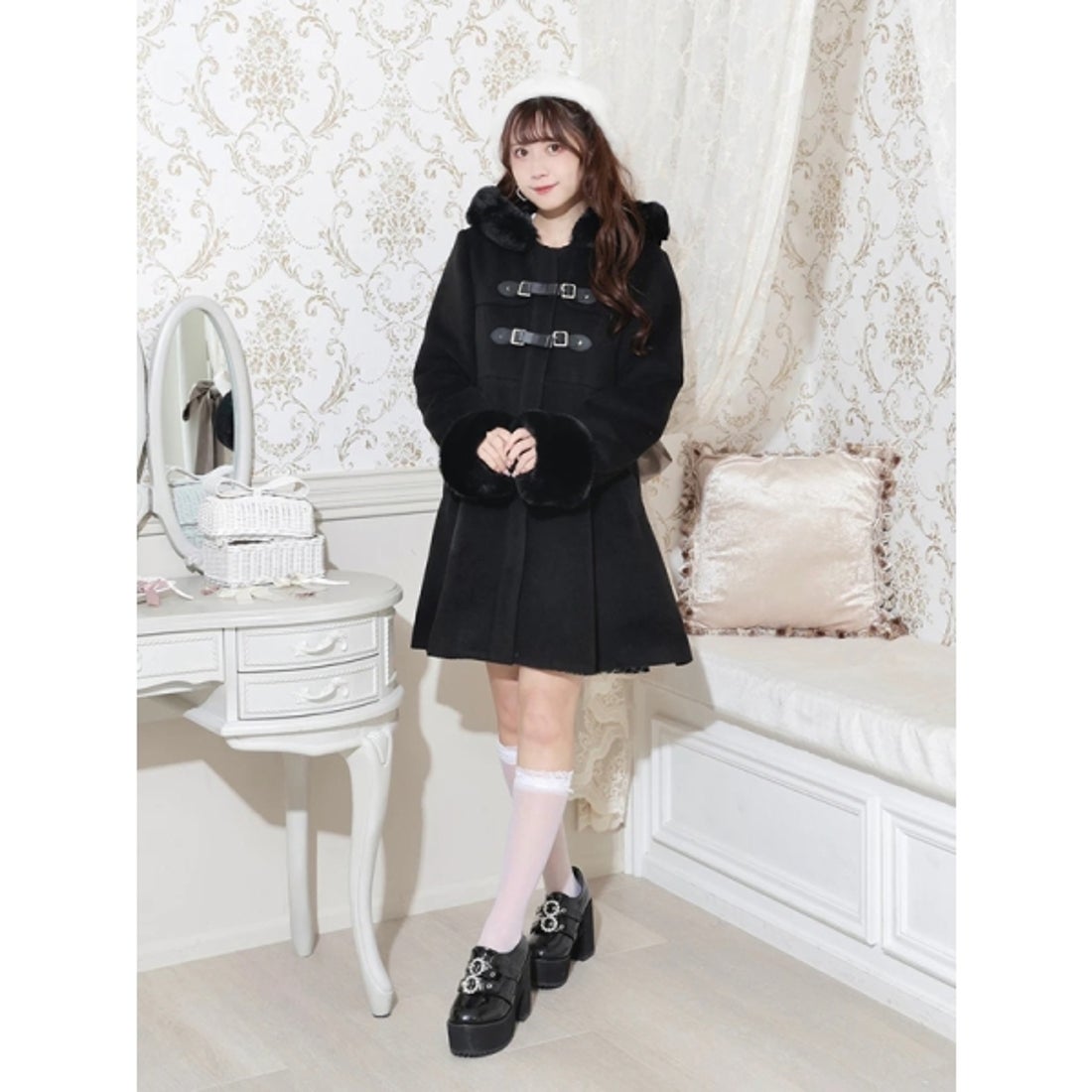 ノエミー NOEMIE お嬢さんファー付きフードワッフルコート （ピンク