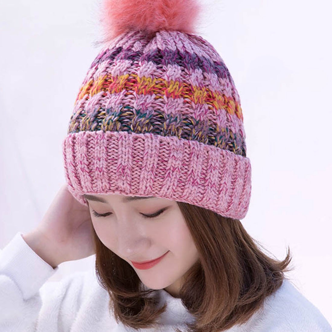 スタイルブロック STYLEBLOCK ぽんぽんファー付ニット帽 （ピンク
