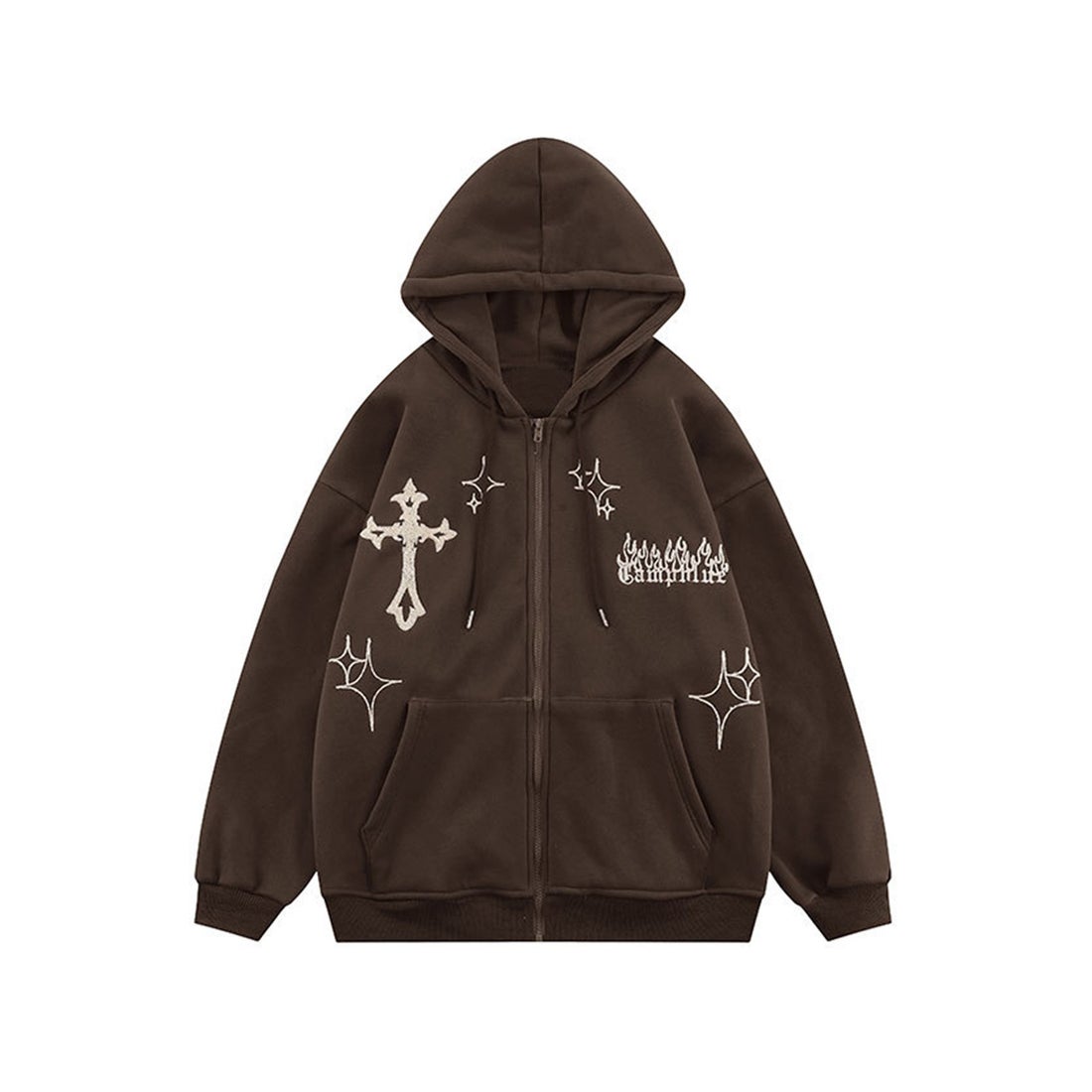 フック HOOK 【HOOK】クロスと炎刺繍ジップパーカー （ブラウン