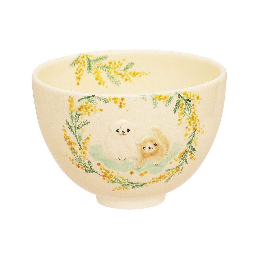 茶道具 抹茶茶碗（まっちゃちゃわん） 茶碗 浮彫 ミモザに子犬 今岡 三四郎