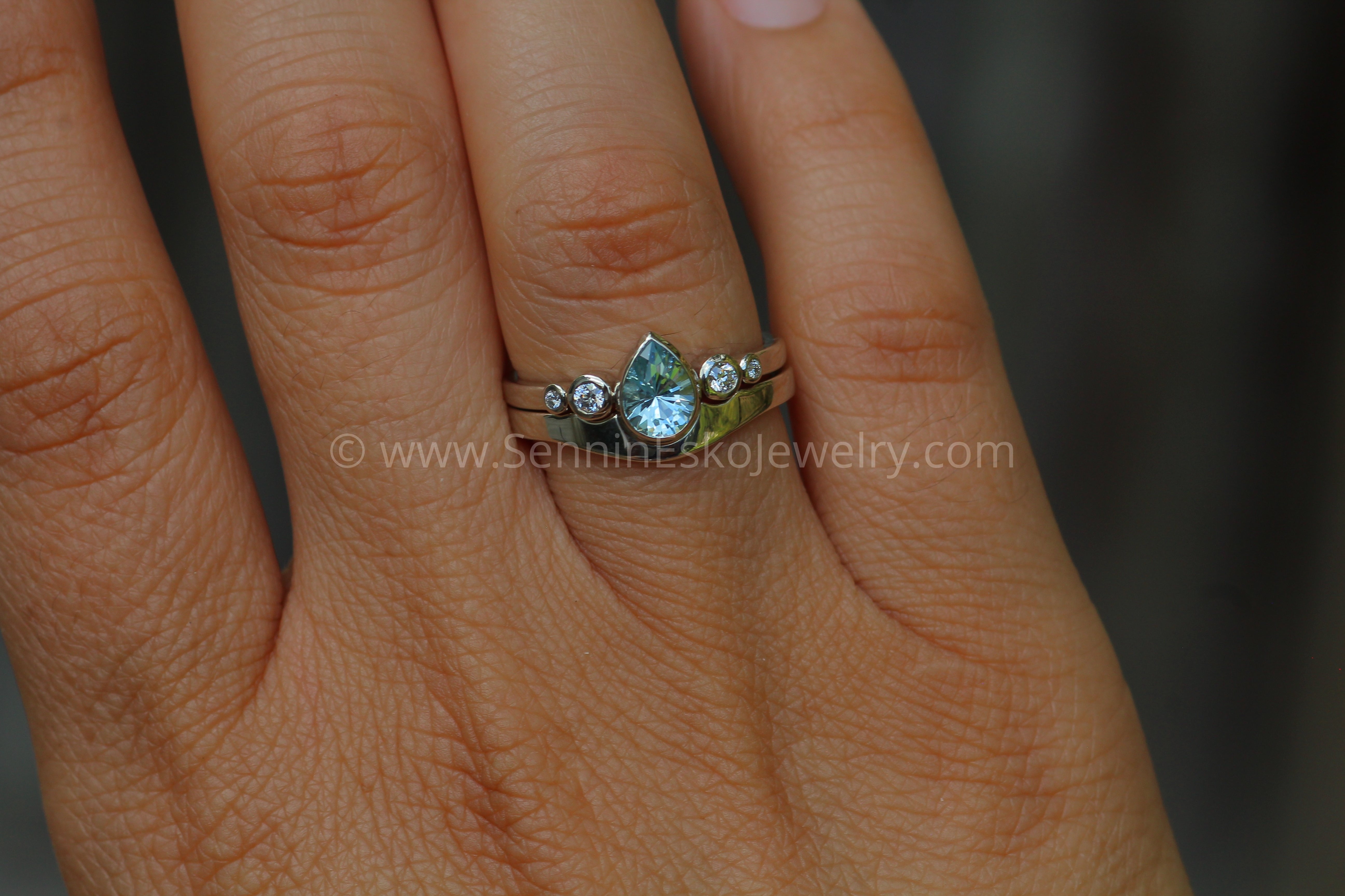 Aquamarine Tear Drop Ring Set with Diamond Accents – Sennin Esko