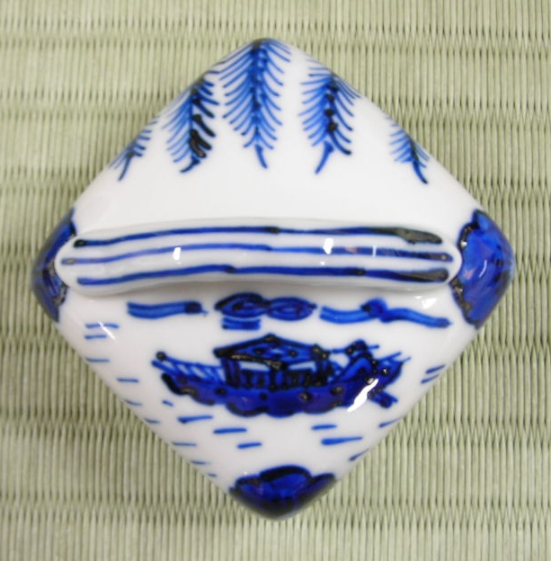 通販販売【茶道具】 形物香合 染付 隅田川 *手塚祥堂* 番付*西4段目