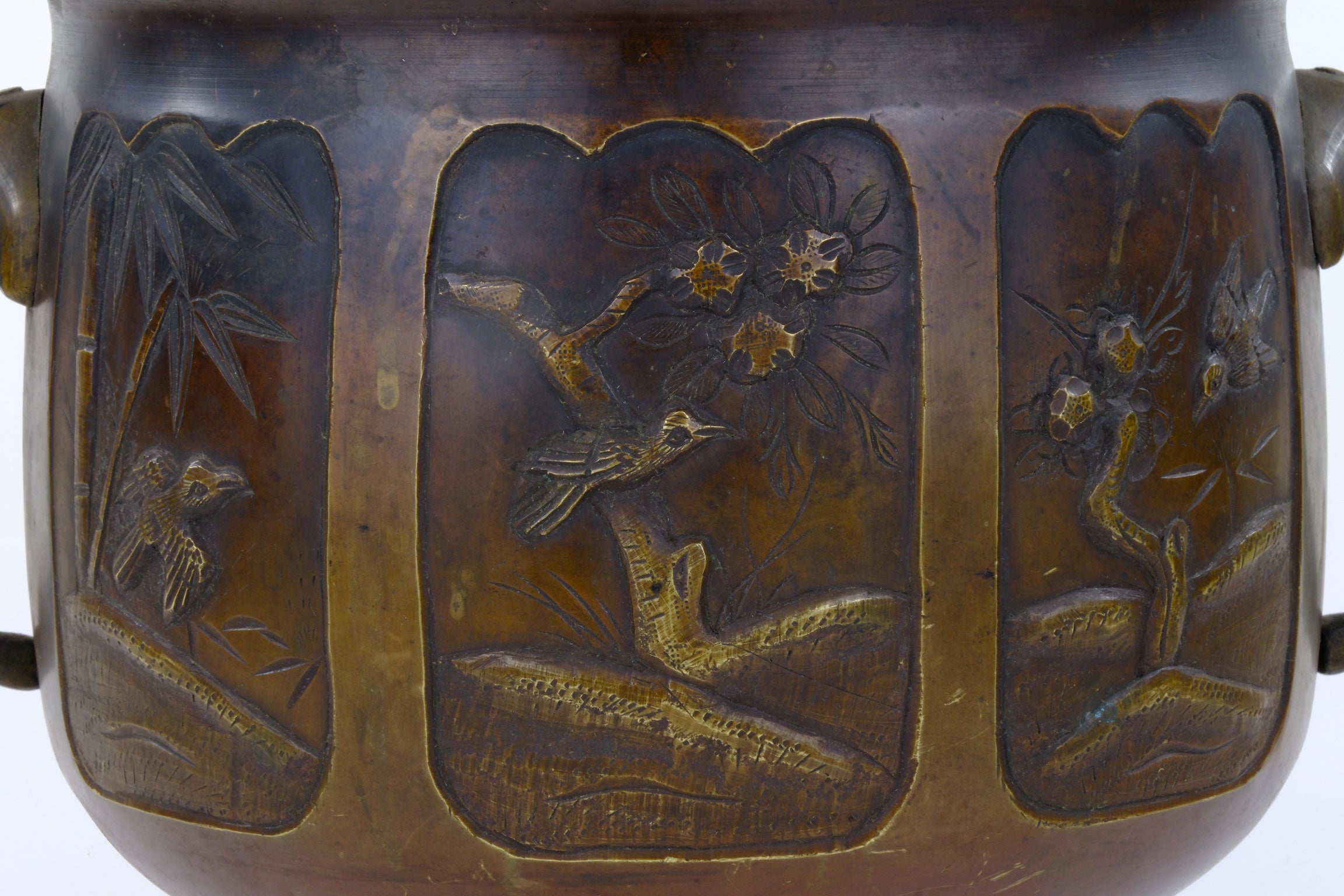 Antique Japanese Meiji Era Bronze Hibachi Brazier Floral Motif 9