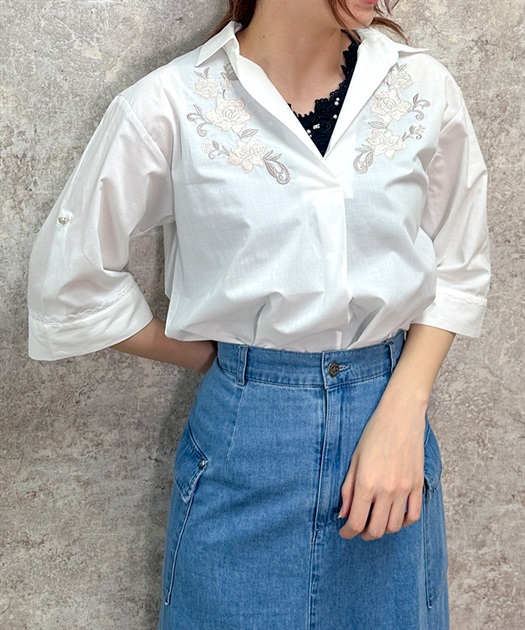 花刺繍入スキッパーシャツ | axes femme -outlet- | axes femme online
