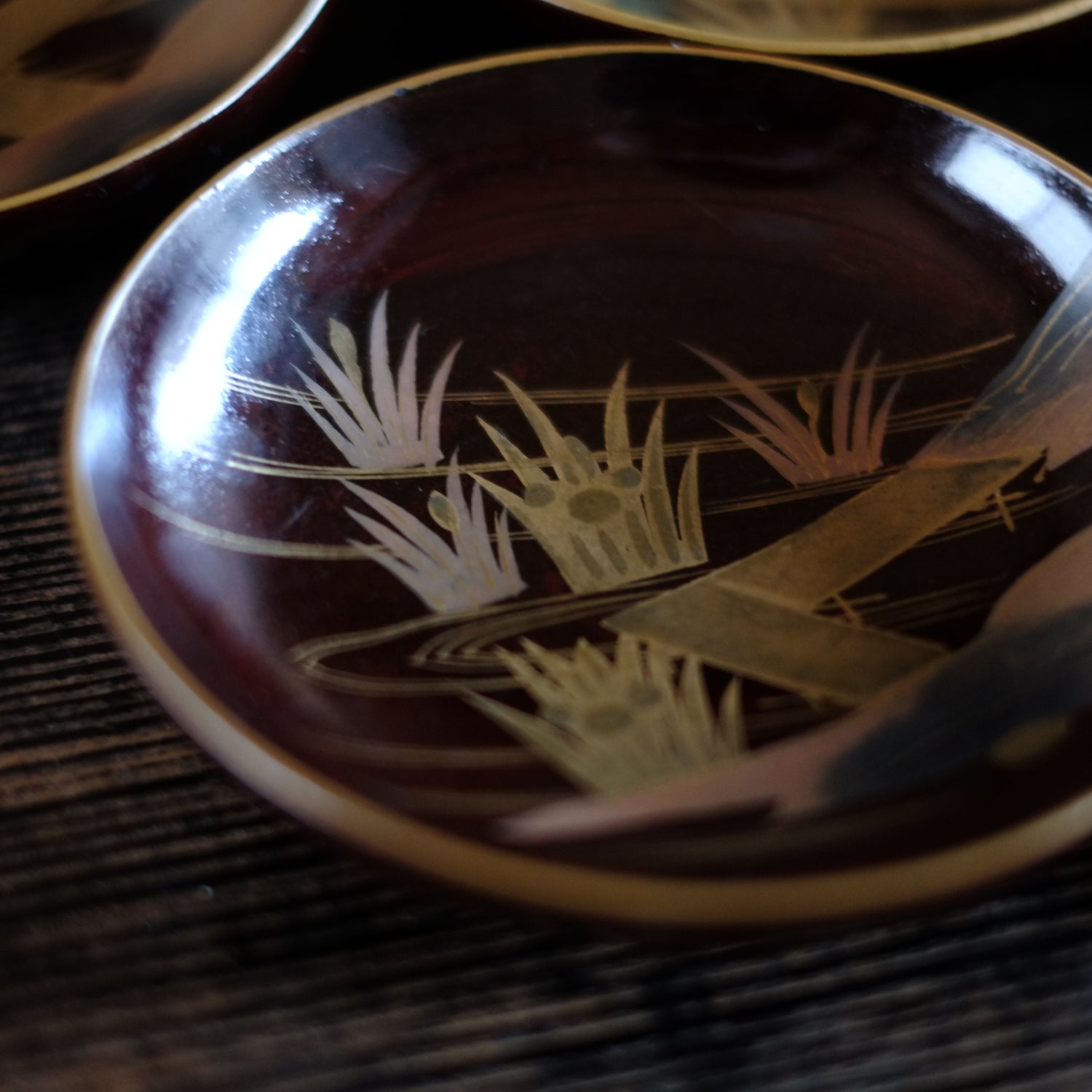 時代 八つ橋図金蒔絵 縁金溜塗 菓子皿 5客セット (明治期頃) – 逢季荘