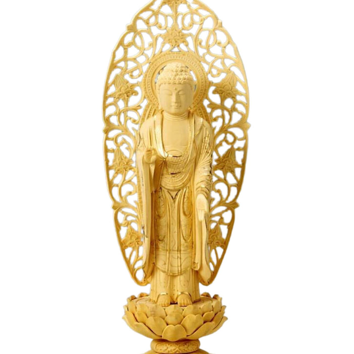 仏像 柘植 丸台座(蓮華) 舟立弥陀 水煙光背 金泥無【メーカー取寄品