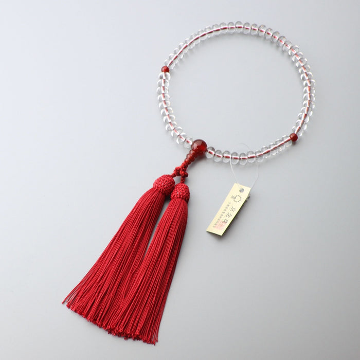 数珠 女性用 本水晶みかん玉5*7mm 瑪瑙仕立 正絹蓬莱房(エンジ色