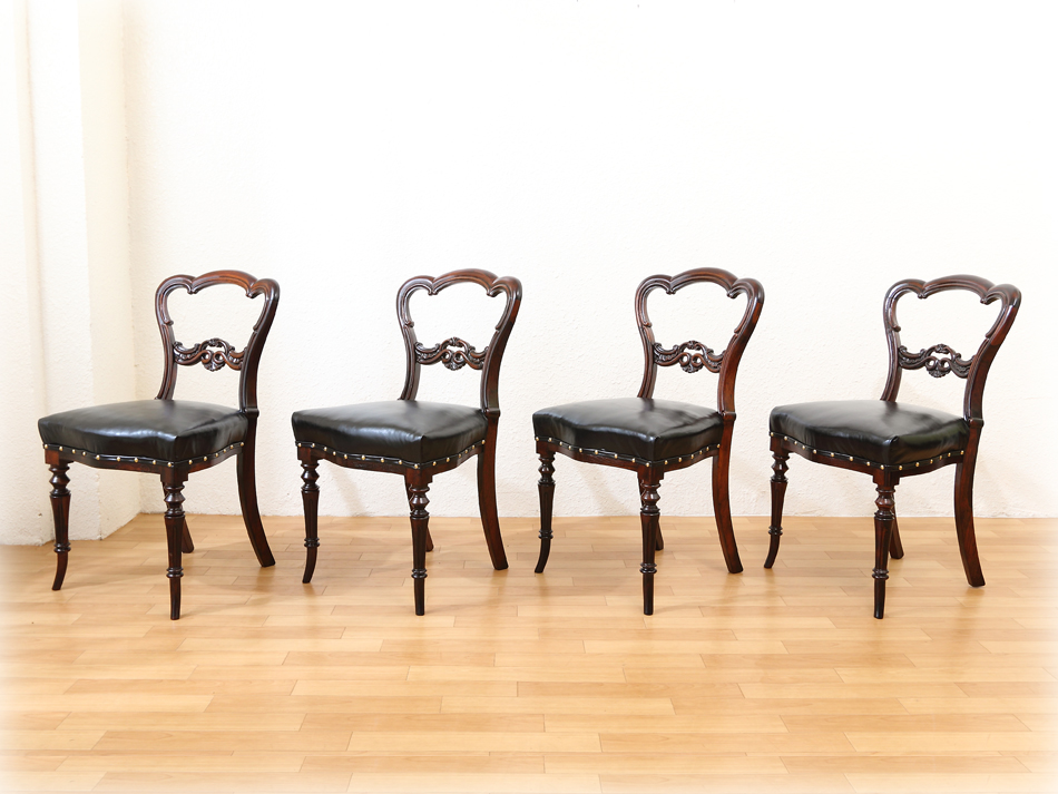 ヴィクトリアンスタイル ローズウッド&ブラックレザーチェア4脚セット