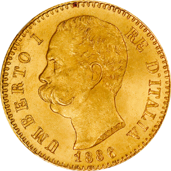 トップグレード 20リラ ウンベルト1世 金貨 イタリア 1886年 MS64+