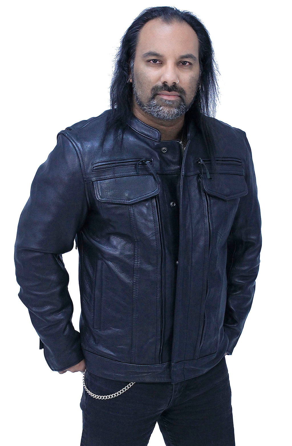 No Collar Men's Vented Concealed Pocket Motorcycle Jacket