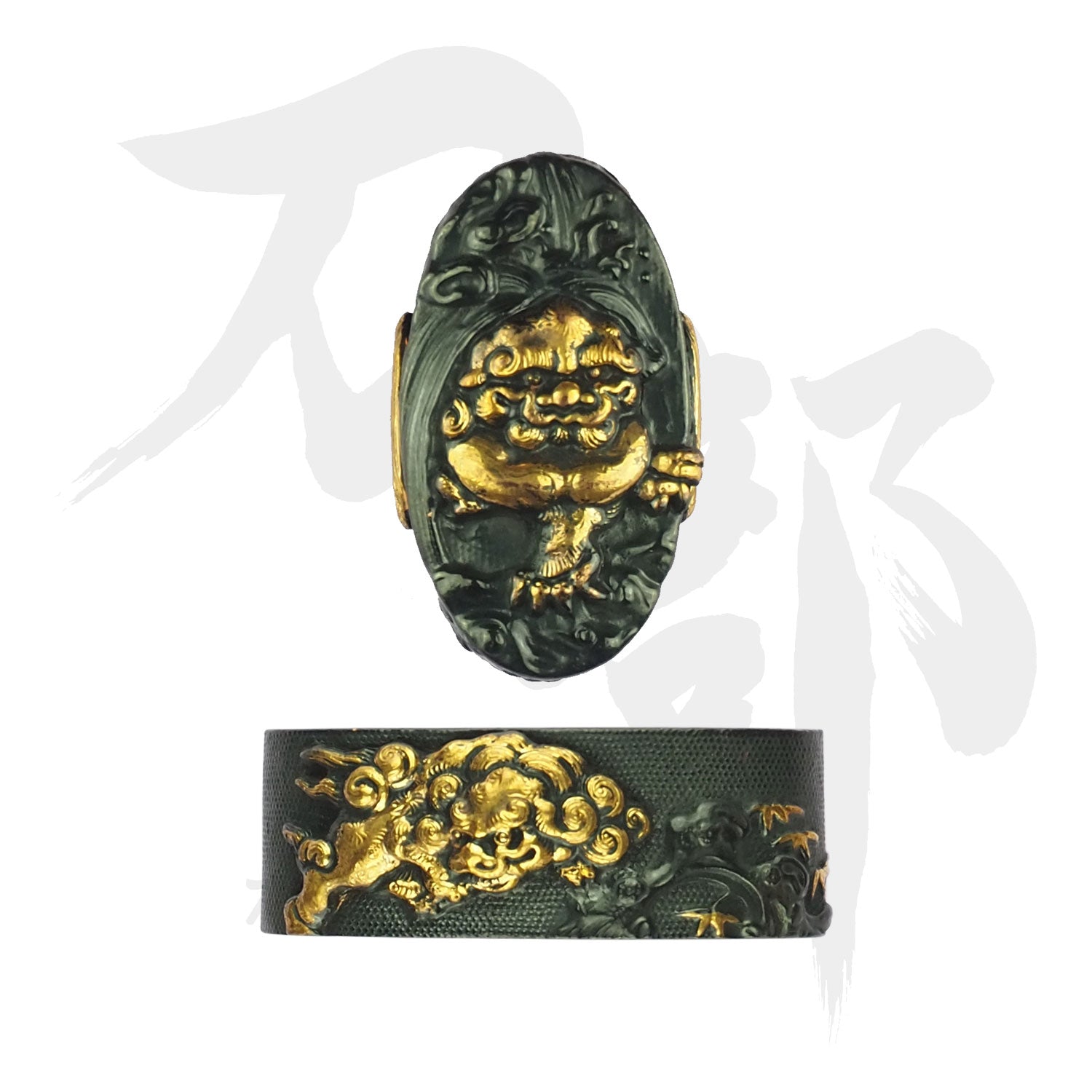 真鍮地 流水に獅子図縁頭｜現代物金具の販売 刀部 かたなべ – 刀部