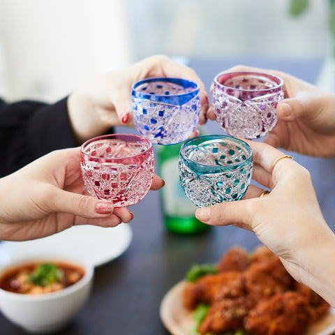 江戸切子 伝統工芸士 木村泰典 作 菊繋ぎに籠目紋 ぐい呑 グリーン