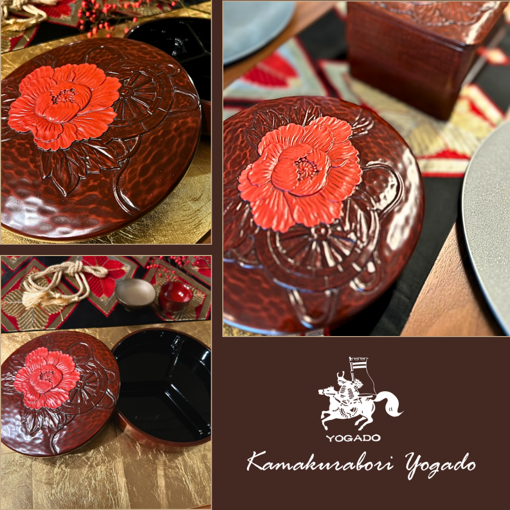 鎌倉彫の鎌倉彫 オードブル重 牡丹 朱入り | 鎌倉彫陽雅堂 公式