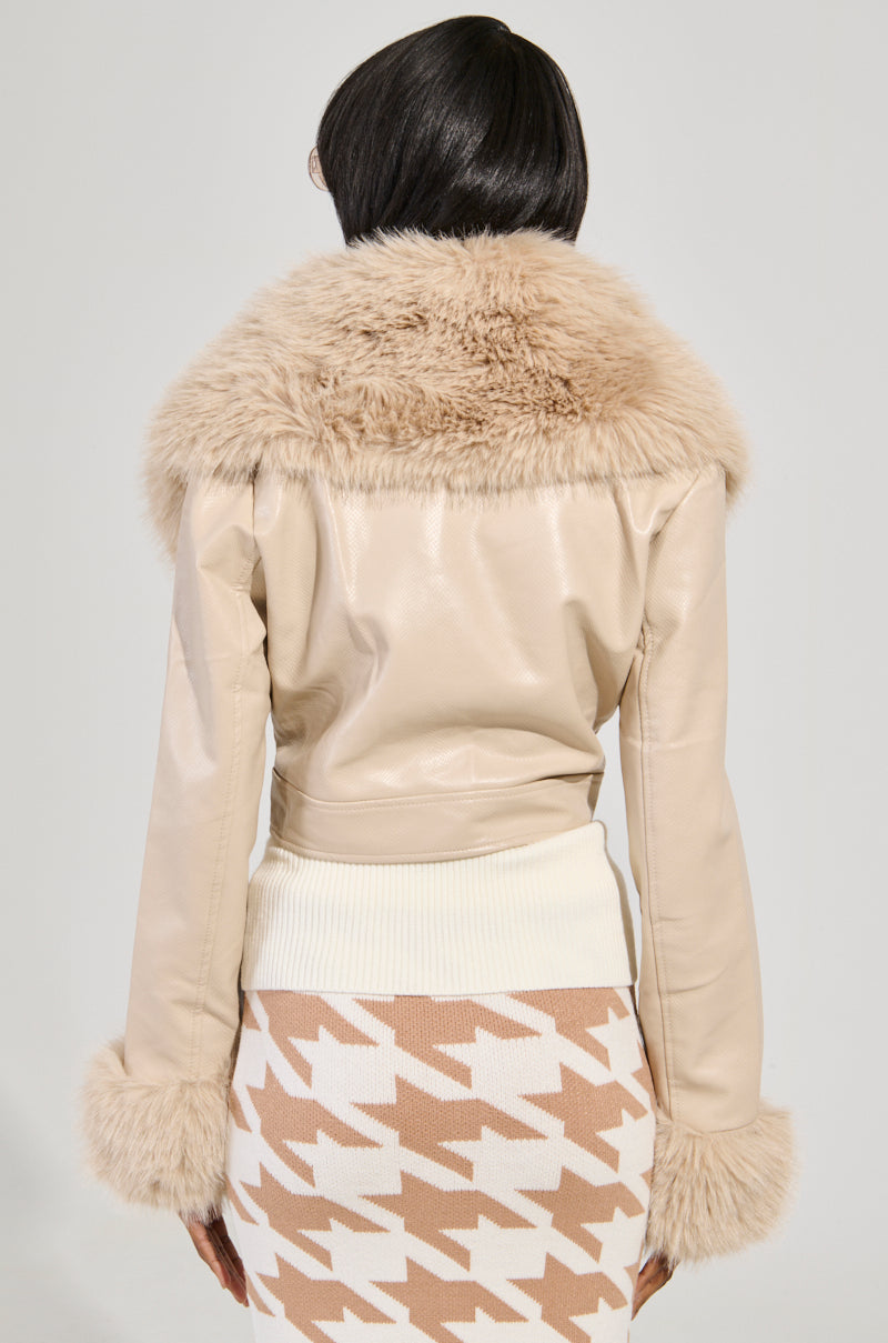 GISELE CROP FAUX FUR MOTO JACKET IN IVORY – AKIRA