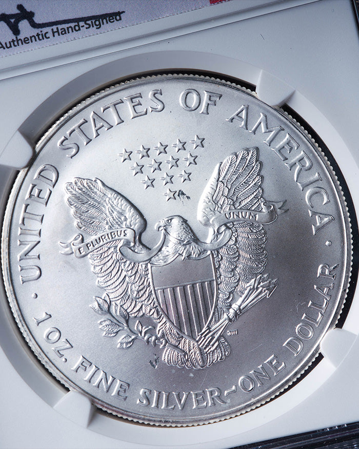 2001 $1 Silver Eagle MS68 Error, Mercanti Signed