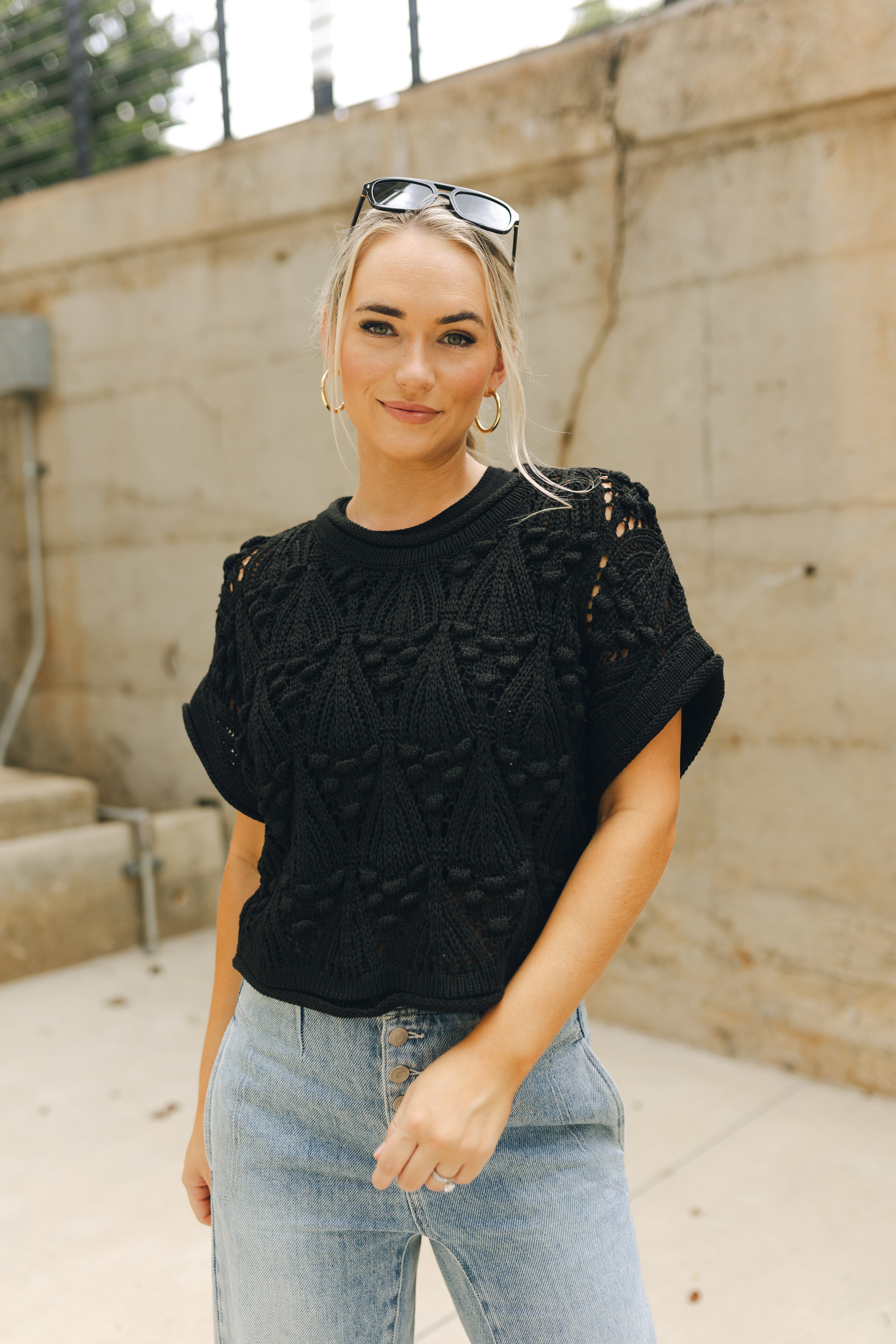 Millie Crochet Short Sleeve Sweater - Lizard Thicket